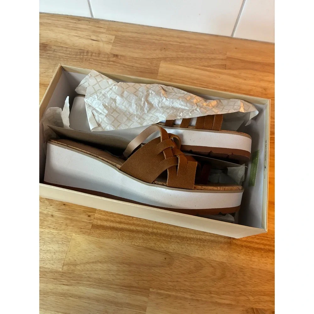 NYDJ Ressie Cognac Suede Strappy Wedge Sandals NF-RESSIE Platform Slides 11M
